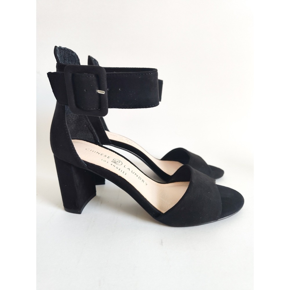 New Chinese Laundry Sandals 7.5 Black Block Heel Ankle Strap Buckle Minimalist